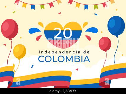 20 de Julio independencia de Colombia dessin de dessin animé avec drapeaux et ballons pour le style de l'affiche Illustration de Vecteur