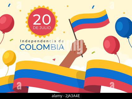 20 de Julio independencia de Colombia dessin de dessin animé avec drapeaux et ballons pour le style de l'affiche Illustration de Vecteur