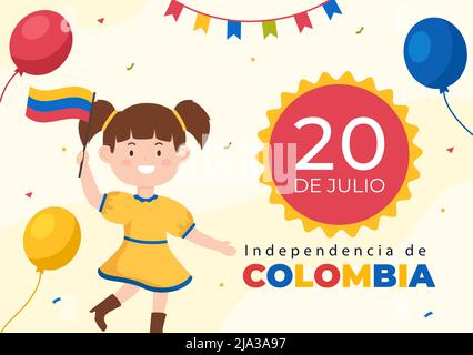 20 de Julio independencia de Colombia dessin de dessin animé avec drapeaux, ballons et personnages de mignon Kids People pour le design de l'affiche Illustration de Vecteur