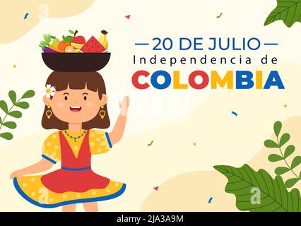 20 de Julio independencia de Colombia dessin de dessin animé avec drapeaux, ballons et personnages de mignon Kids People pour le design de l'affiche Illustration de Vecteur