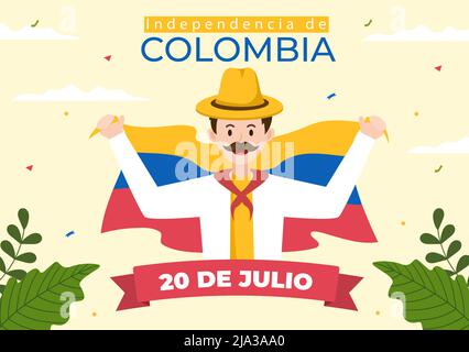 20 de Julio independencia de Colombia dessin de dessin animé avec drapeaux, ballons et personnages de gens pour le design de l'affiche Illustration de Vecteur