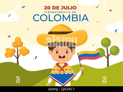 20 de Julio independencia de Colombia dessin de dessin animé avec drapeaux, ballons et personnages de mignon Kids People pour le design de l'affiche Illustration de Vecteur