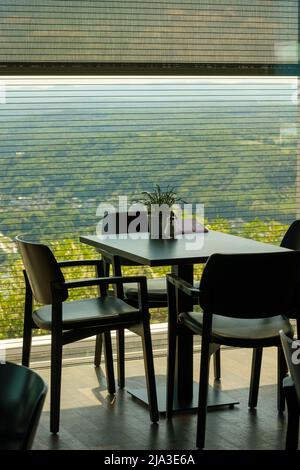 Königswinter, Allemagne- 18 mai 2022 : magnifique vue panoramique sur le Rhin, depuis un restaurant au sommet de la colline de Drachenfels Banque D'Images