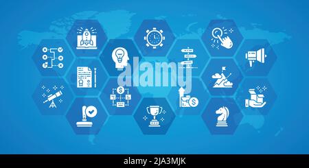 Démarrer l'illustration du contour horizontal. Gestion du temps, génération d'idées, bannière d'icône de présentation. Modèle de mise en page de la bannière Web. Illustration de Vecteur