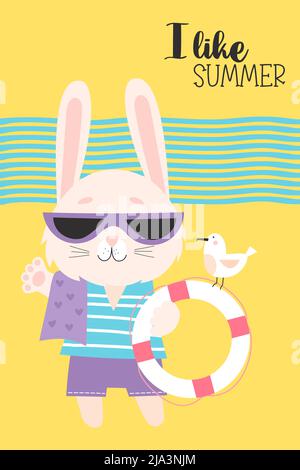 Carte d'été tropicale - J'aime l'été. Joli lapin en lunettes de soleil et vêtements de plage avec bouée de sauvetage et mouette. Illustration vectorielle. Été drôle lumineux har Illustration de Vecteur