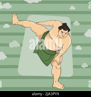 Sumo Wrestler debout dans une posture agressive avec une jambe relevée. Grandes tailles énorme Angry Man. Sport japonais. Illustration de Vecteur