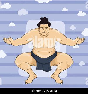 Sumo Wrestler debout en position crouch. Angle de face avec arrière-plan. Sport japonais. Illustration de Vecteur