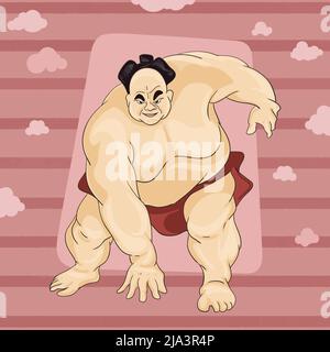 Sumo Wrestler japonais en posture traditionnelle. Un gros gars en colère prêt à se battre. Sports traditionnels japonais. Illustration de Vecteur
