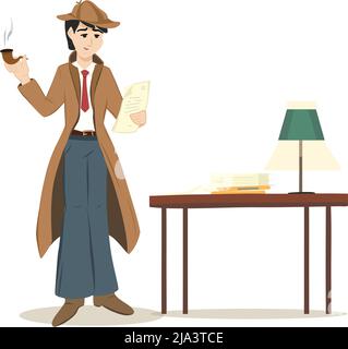 Personnage de détective lisant des rapports de cas tout en fumant pipe debout à côté d'une table pleine de paperasserie et une lampe de table. Illustration de Vecteur