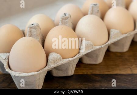 Œufs de poulet biologiques, dans un plateau en carton, gros plan. Banque D'Images