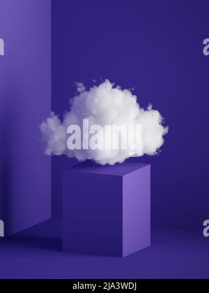 3d rendu, nuage blanc moelleux au-dessus du pied cube, podium carré, intérieur minimal de la pièce. Objets isolés sur fond bleu violet, design moderne Banque D'Images