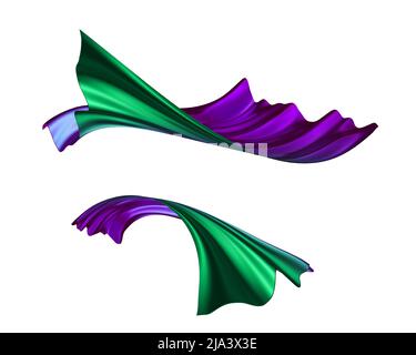 3d rendu, drapery abstrait clip art isolé sur fond blanc, violet vert textile de mode, lévitant, volant. Tissu en soie, élément design Banque D'Images