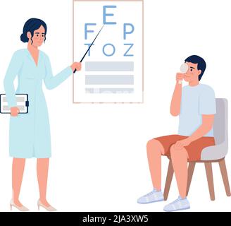 Patient soumis à un examen de la vue avec des caractères vectoriels de couleur semi-plats du médecin Illustration de Vecteur