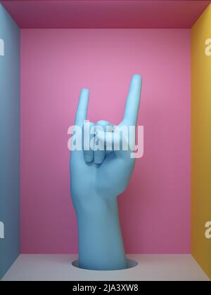 rendu 3d, mouvement rock main femelle bleu, partie du corps du mannequin isolée sur fond rose à l'intérieur de la boîte carrée, exposition de magasin, Banque D'Images