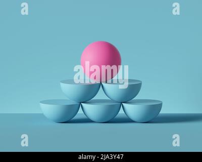 3d rendu, formes géométriques primitives abstraites isolées sur fond bleu. Boule rose placée sur le dessus de la pyramide, des rangées d'hémisphères bleus. Banque D'Images