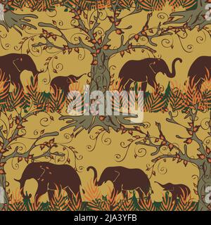 Motif vectoriel sans couture avec silhouettes éléphant sur fond beige. Papier peint de paysage d'animaux africains. Textile de mode de forêt tropicale. Illustration de Vecteur