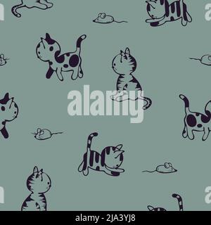 Motif vectoriel transparent avec chats et souris sur fond vert. Papier peint animal mignon et simple. Textile de mode décoratif dessiné à la main. Illustration de Vecteur