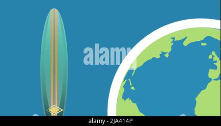 Image du globe et de la planche de surf sur fond bleu Banque D'Images