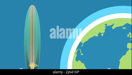Image du globe et de la planche de surf sur fond bleu Banque D'Images