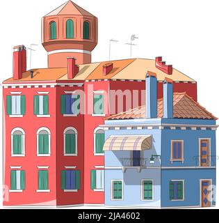 Façades colorées et vibrantes de maisons traditionnelles et tour d'eau sur l'île de Burano. Venise. Italie. Illustration de Vecteur