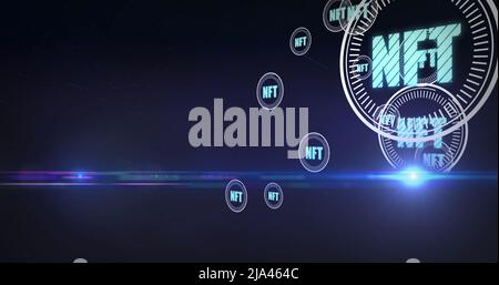 Image des symboles de crypto-monnaie nft se déplaçant sur fond bleu Banque D'Images