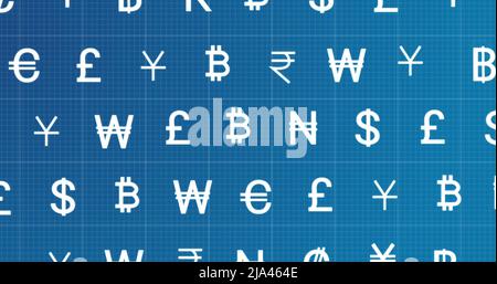 Image des lignes de panneaux de devises se déplaçant sur fond bleu Banque D'Images