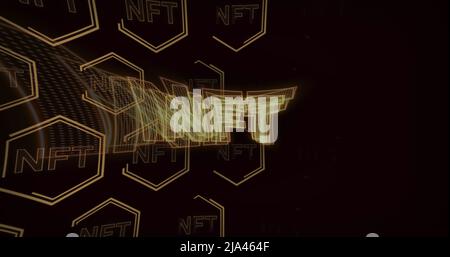 Image des symboles de crypto-monnaie nft se déplaçant sur fond noir Banque D'Images