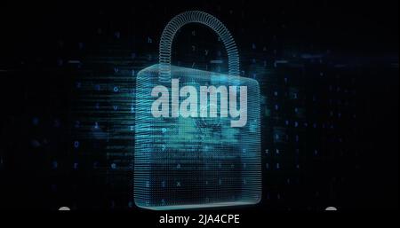 Image d'un avertissement de cyber-attaque et d'un cadenas sur des silhouettes de personnes dans la salle des serveurs Banque D'Images