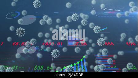 Image numérique des cellules covid-19 flottantes et traitement des données statistiques sur fond bleu Banque D'Images