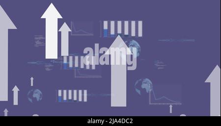 Image du traitement des données, globes tournant avec des flèches blanches sur fond violet Banque D'Images
