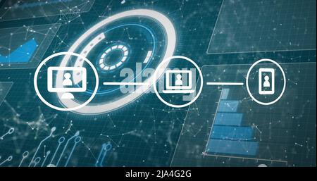 Illustration d'icônes avec réseau de connexions et écrans de traitement des données Banque D'Images