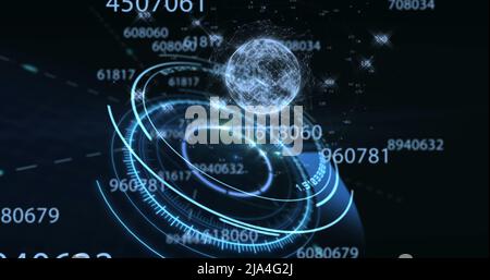 Image des nombres changeant, de la numérisation de l'oscilloscope et du globe Banque D'Images