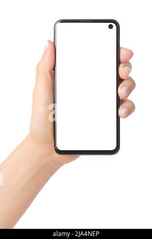 Main tenant le Smart Phone moderne, isolé sur fond blanc gros plan Banque D'Images