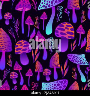 Mushrooms hallucinogenic trippy psychedelic seamless pattern. Neon orange violet blue gradient colorful mushrooms. Illustration de Vecteur