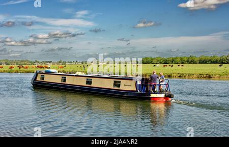 PORT MEADOW OXFORD VACHES BROUTANT LES MEADOWS ET UNE PÉNICHE AMÉNAGÉE SUR LA TAMISE Banque D'Images