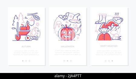 Météo et vacances d'automne - ensemble de bannières style design de ligne Illustration de Vecteur
