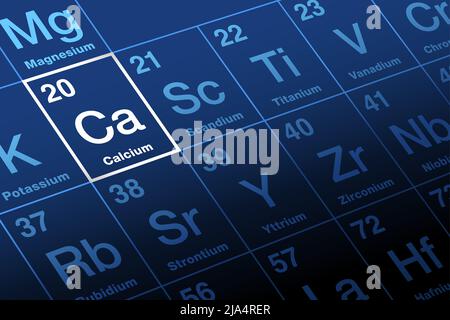 Calcium sur la table périodique des éléments. Métal alcalin de terre, avec symbole CA et numéro atomique 20. Banque D'Images