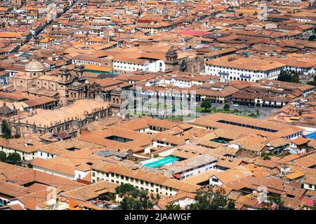 Cusco, vue sur le centre de la ville de Cusco avec la cathédrale, Pérou. Amérique du Sud. Banque D'Images