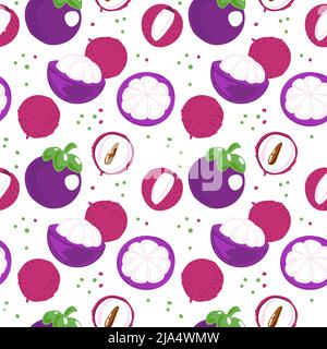 Un dessin sans couture d'un litchi exotique et d'un mangoustan fruit. Ensemble et moitié, dessiné à la main dans un style d'esquisse. Litchi. Mangoustan. Fruits. Vecteur simple illu Illustration de Vecteur