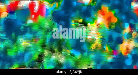 Arrière-plan abstrait sans couture et coloré avec taches exotiques floues. Texture motley artistique. Couleurs tropicales chaudes sur une surface verte bleu ondulé. Mer, verre. Banque D'Images