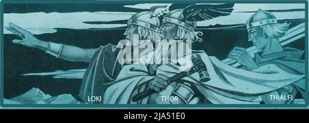 Norse mythologie, le Dieu Thor avec Loki et son serviteur Thialfi - Νορβηγική μυθολογία, ο Θεός Θορ με τον Λόκι και τον υπηρέτη του Θίαλφι. Banque D'Images