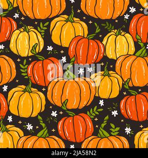 Mignon main citrouille dessin horizontal sans couture motif, citrouilles dessinées à la main - super comme fond de Thanksgiving, textiles, bannières, papiers peints, emballage - Illustration de Vecteur