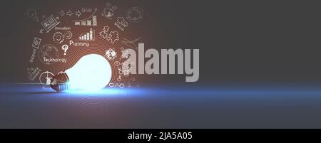 light bulbe 3d grandir sur l'innovation doodle dessiner des icônes de la stratégie d'affaires sur fond de bannière. Banque D'Images