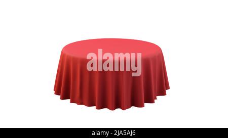 Table ronde avec nappe rouge. Illustration isolée sur fond blanc. 3d rendu. Banque D'Images