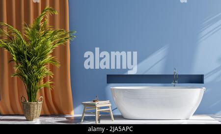 Vue sur l'avant de la salle de bain spacieuse et luxueuse avec murs bleu relax, baignoire blanche confortable et tabouret avec serviettes. 3d rendu. Banque D'Images