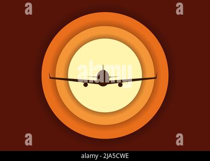La silhouette d'un avion passager se déporte sur fond de coucher ou de lever du soleil. Illustration vectorielle. Concept du logo de voyage. Illustration de Vecteur