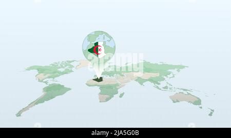 Carte du monde en perspective montrant l'emplacement du pays Algérie avec carte détaillée avec drapeau de l'Algérie. Illustration vectorielle. Illustration de Vecteur