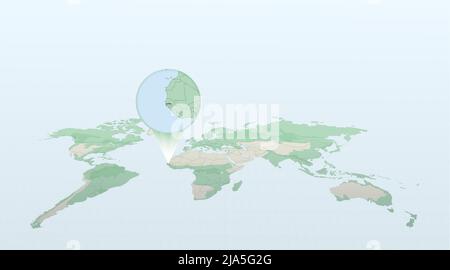 Carte du monde en perspective montrant l'emplacement du pays Gambie avec carte détaillée avec drapeau de la Gambie. Illustration vectorielle. Illustration de Vecteur