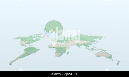 Carte du monde en perspective montrant l'emplacement du pays Bénin avec carte détaillée avec drapeau du Bénin. Illustration vectorielle. Illustration de Vecteur