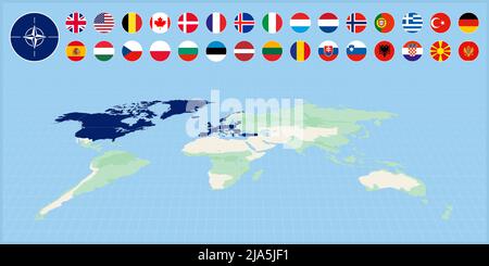 Pays membres de l'Alliance de l'Atlantique Nord sélectionnés sur la carte du monde. Ensemble drapeau des membres de l'alliance. La carte du monde en perspective. Illustration de Vecteur